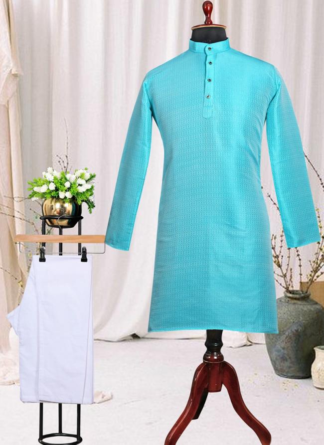 Jacquard Silk Sky Blue Festival Wear Plain Kurta Pajama